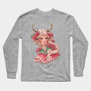 Fairy Deer Girl with Pink Flowers Long Sleeve T-Shirt